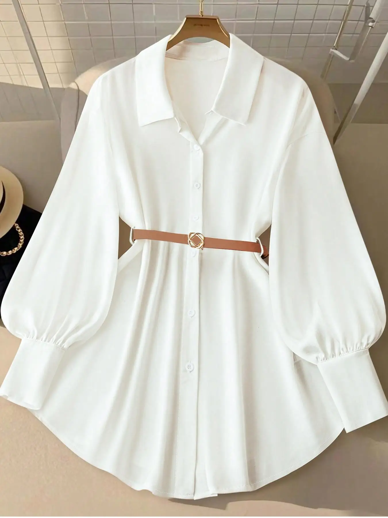 

【Большой размер】Сплошное цветное платье-рубашка с поясом, повседневное весеннее платье с длинными рукавами и воротником, женская одежда больших размеров для повседневной носки