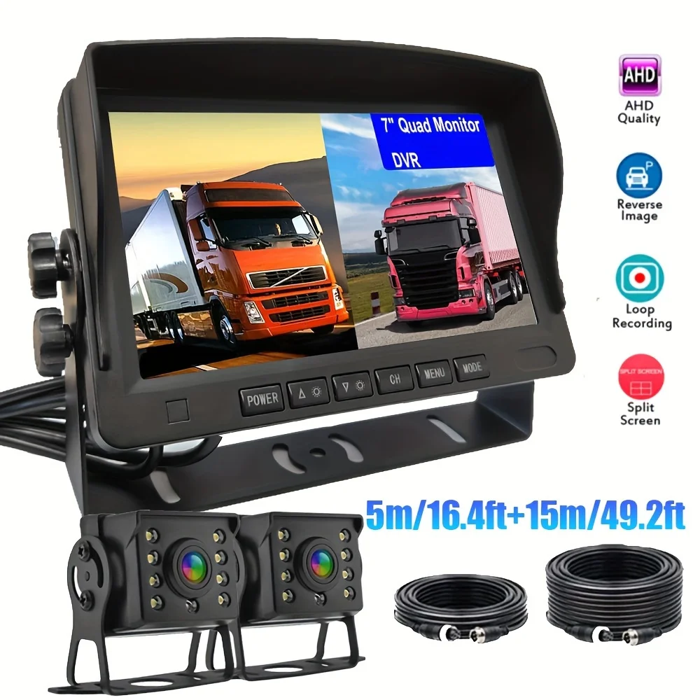 

Quad Split Screen 2CH AHD Waterproof Rear & Side View Backup Camera Heavy Duty Vehicle 7" Monitor DVR Recorder For RV Truck