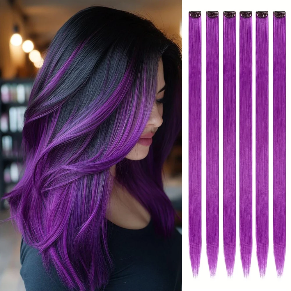 Purple Hair Extensions 6Pcs Colored Clip in Hair Extensions Synthetic 24 inch Rainbow Extensions Dress Up Fashion Party Birthday