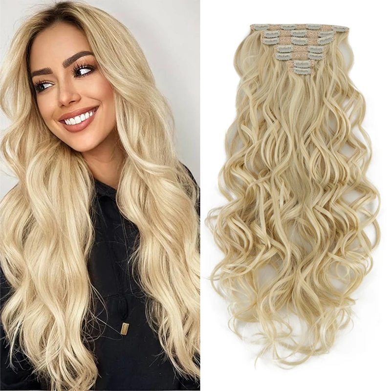 JULIANNA Synthetic 24Inch Long Loose Curly Hair Hairpiece Heat Resistant Hair Extension Clips In Ombre Black Brown Blond Women