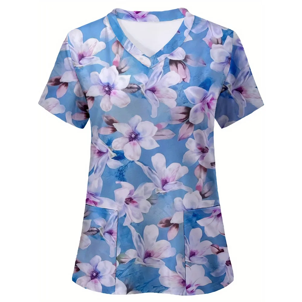 Women\'s Nurse Uniform Floral 3d Print Tops V-Neck Pocket Medical Uniforms Nursing Scrubs Tops Working Clothes Uniforme Enfermera