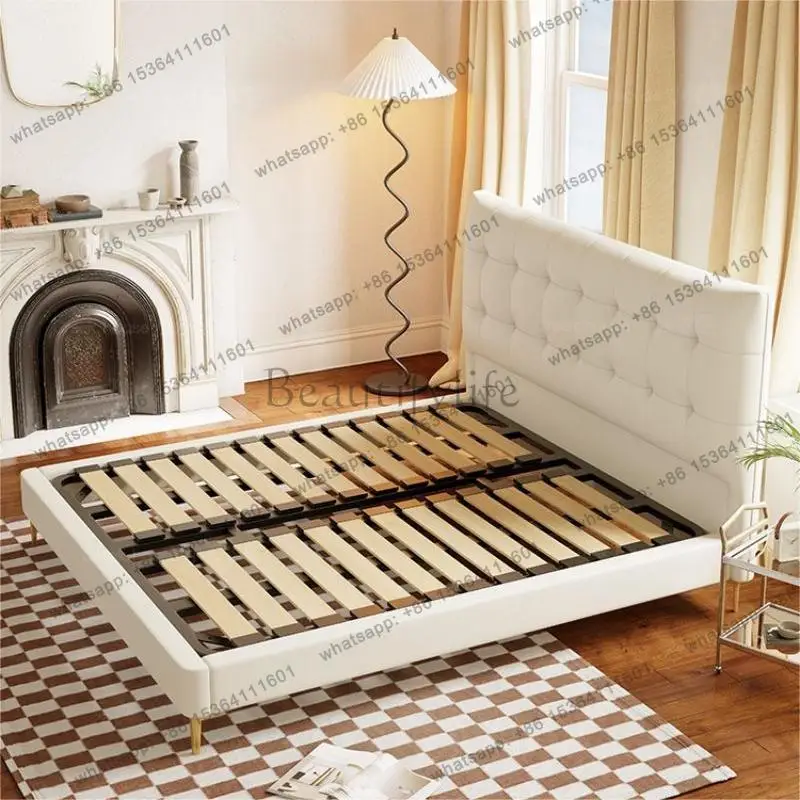 LJY medieval leather bed modern simple master bedroom 1.8m pull button retro double bed