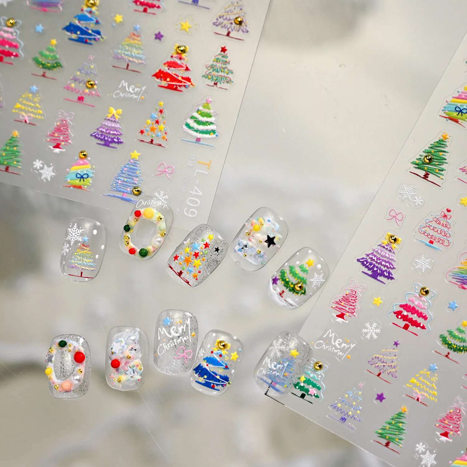 Autocollant de manucure 3D pour Nail Art, joli Graffiti coloré, nœud papillon, étoiles, flocon de neige, arbre de noël, bonhomme de neige mignon, père noël