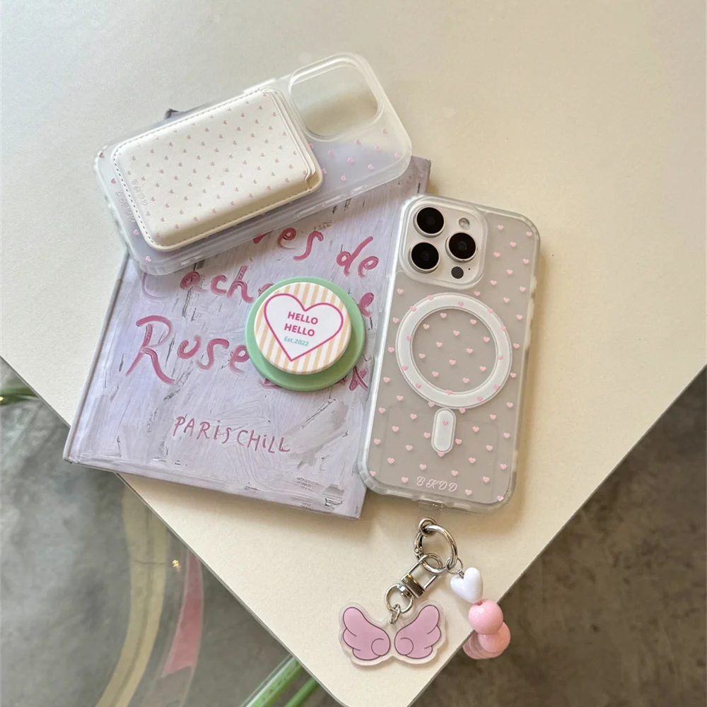

Ins Cute heart magnetic card holder phone case for iPhone 13 15 Pro 14 16 Pro Max Fundas with wings charm kawaii protective Case