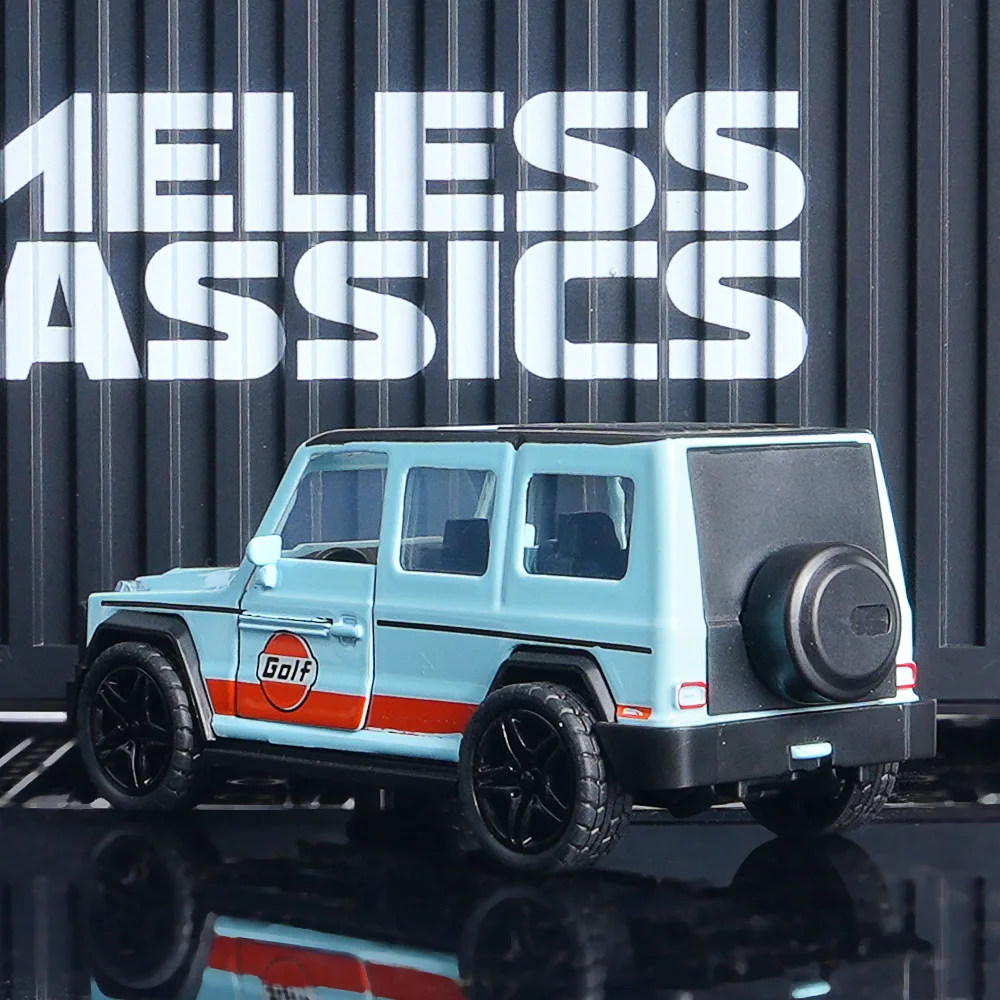 

Die-Cast G-Class Brabus Model Car,Light Blue with Gulf Livery Pull-Back SUV with Openable Doors & Spare Tire,Off-Road Vehicle