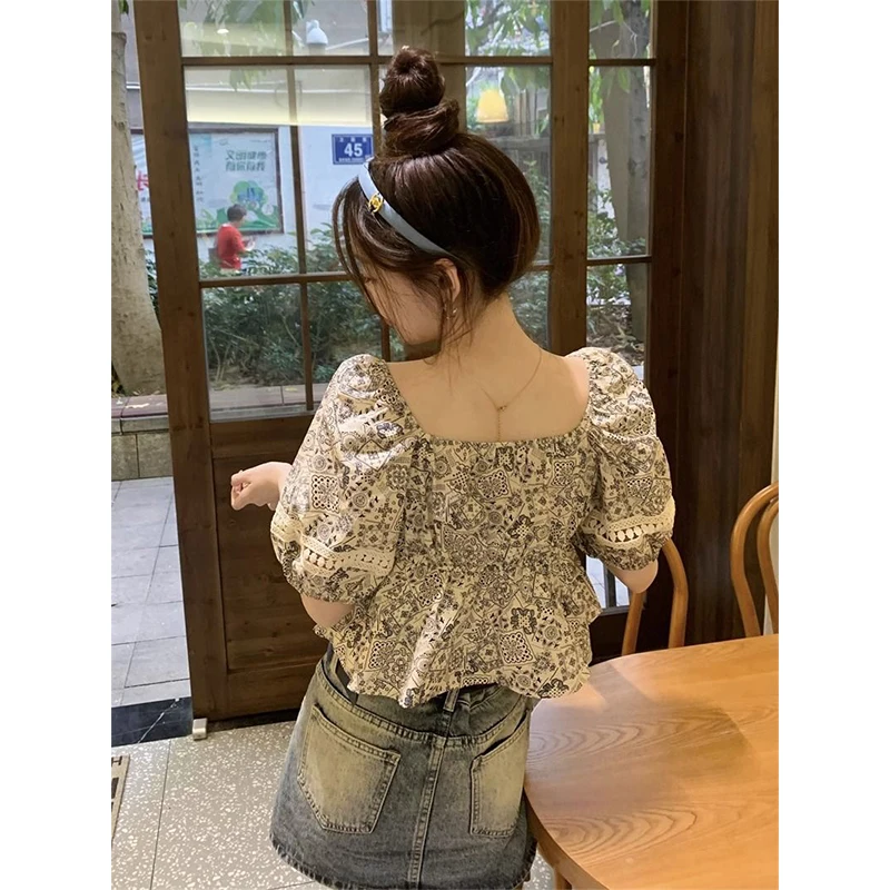 Vintage Cropped Print Shirts Women Elegant Square Collar Puff Short Sleeve Blouses Summer Streetwear Korean Bandage Crop Tops