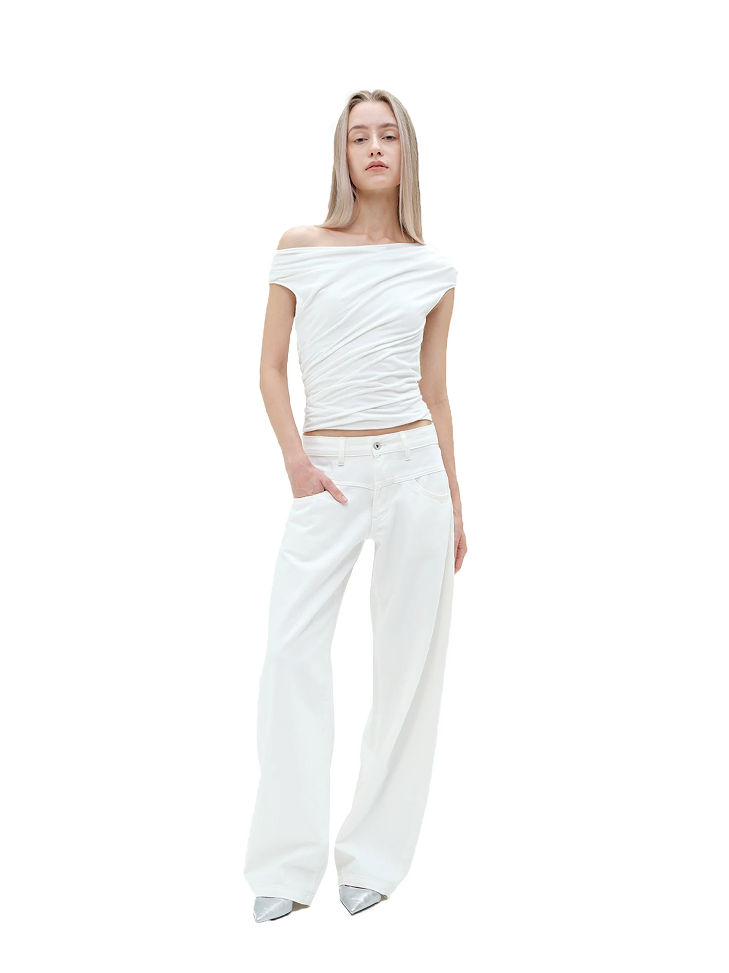 

White Non-Elastic Banana Cut Jeans Low Waist Split Natural Waist Cotton Denim Women's Loose Fit Jeans Spring Season