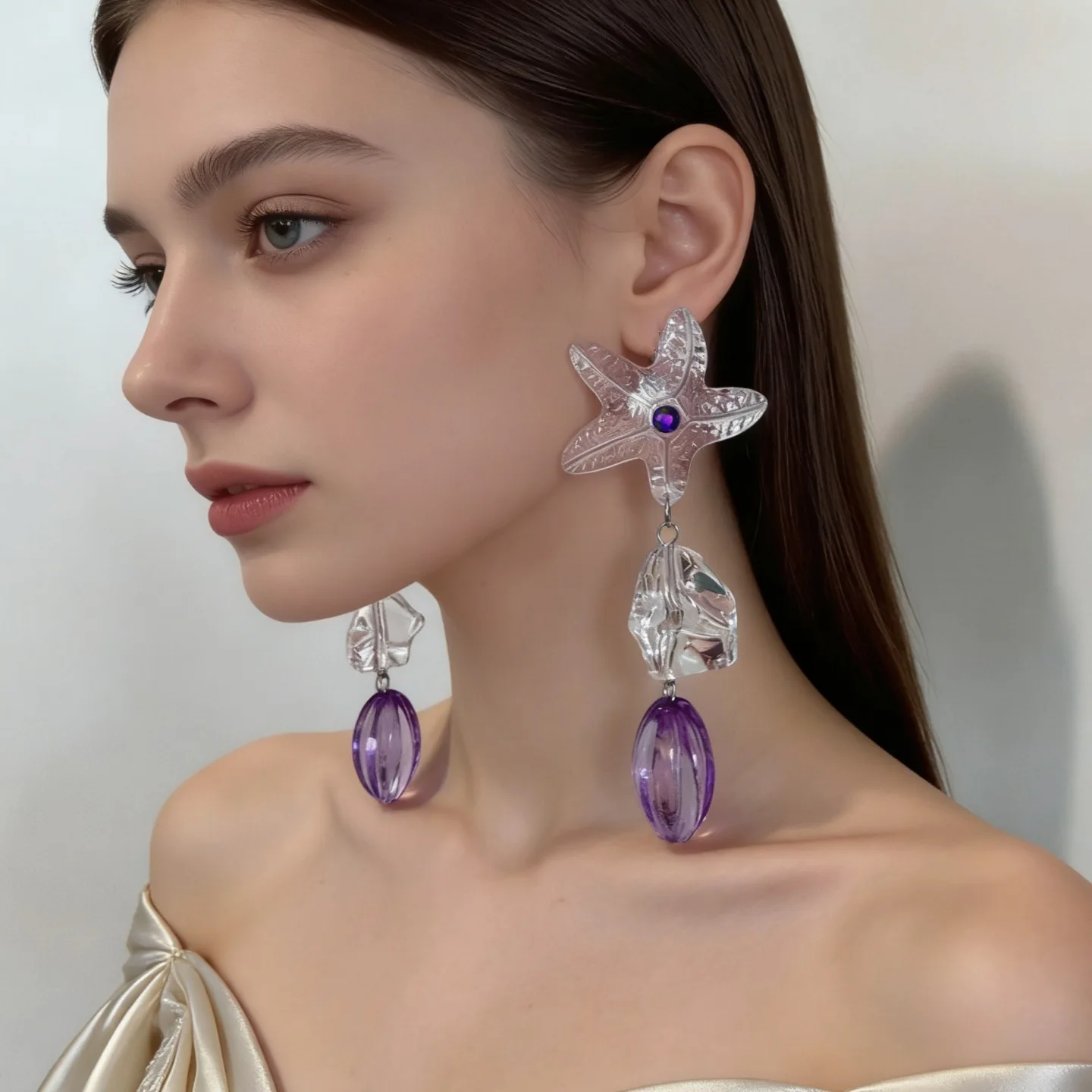 

Summer Vacation Style Transparent Starfish Earrings Women Niche Design Advanced Sense Elegant All-Match Purple Ear Studs