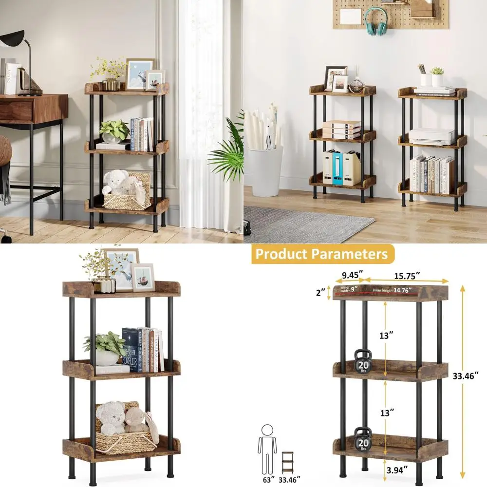 

Трехуровневая деревянная книжная полка в индустриальном стиле, коричневая металлическая и деревянная витрина в деревенском стиле для дома, офиса и гостиных