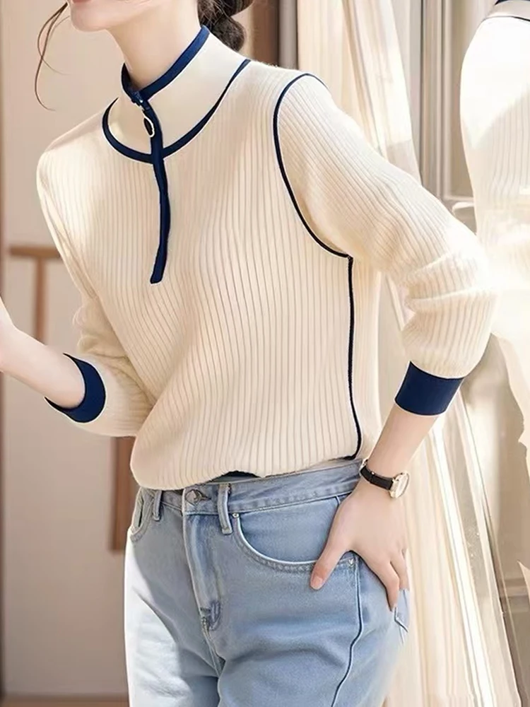 Autunno Inverno Camere Maglia lunga Sve Pullover f Zip Splice Design Morbido e confortevole Top con strato base delicato sulla pelle