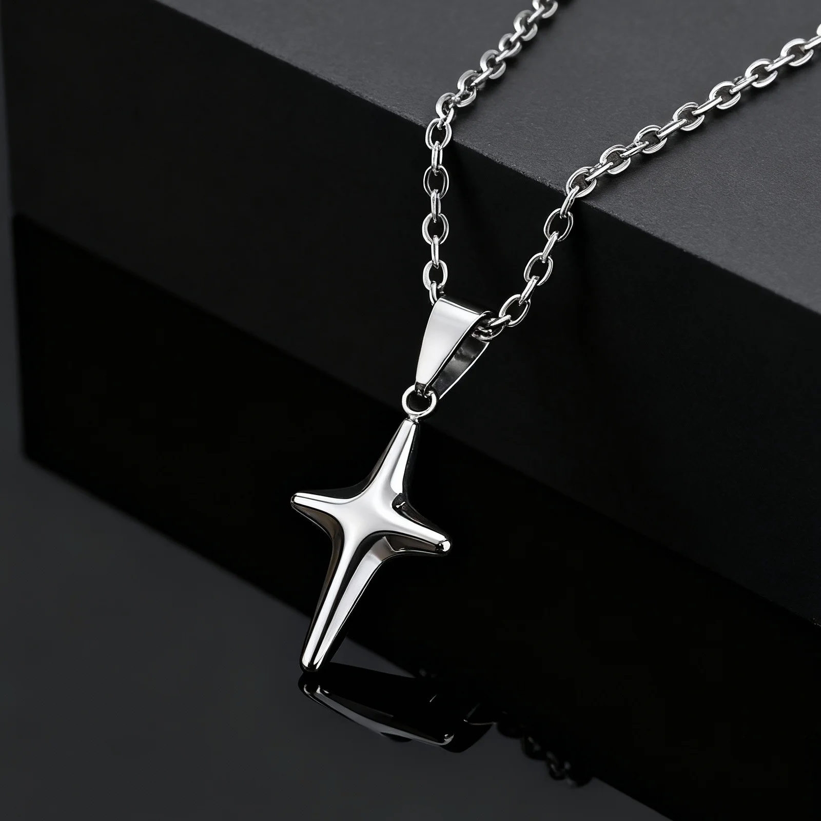 Einfache Trendige Stern-Anhänger Halskette, Silberfarbener Edelstahl-Choker für Männer Mode Party Punk Schmuck Accessoires – Detail 6