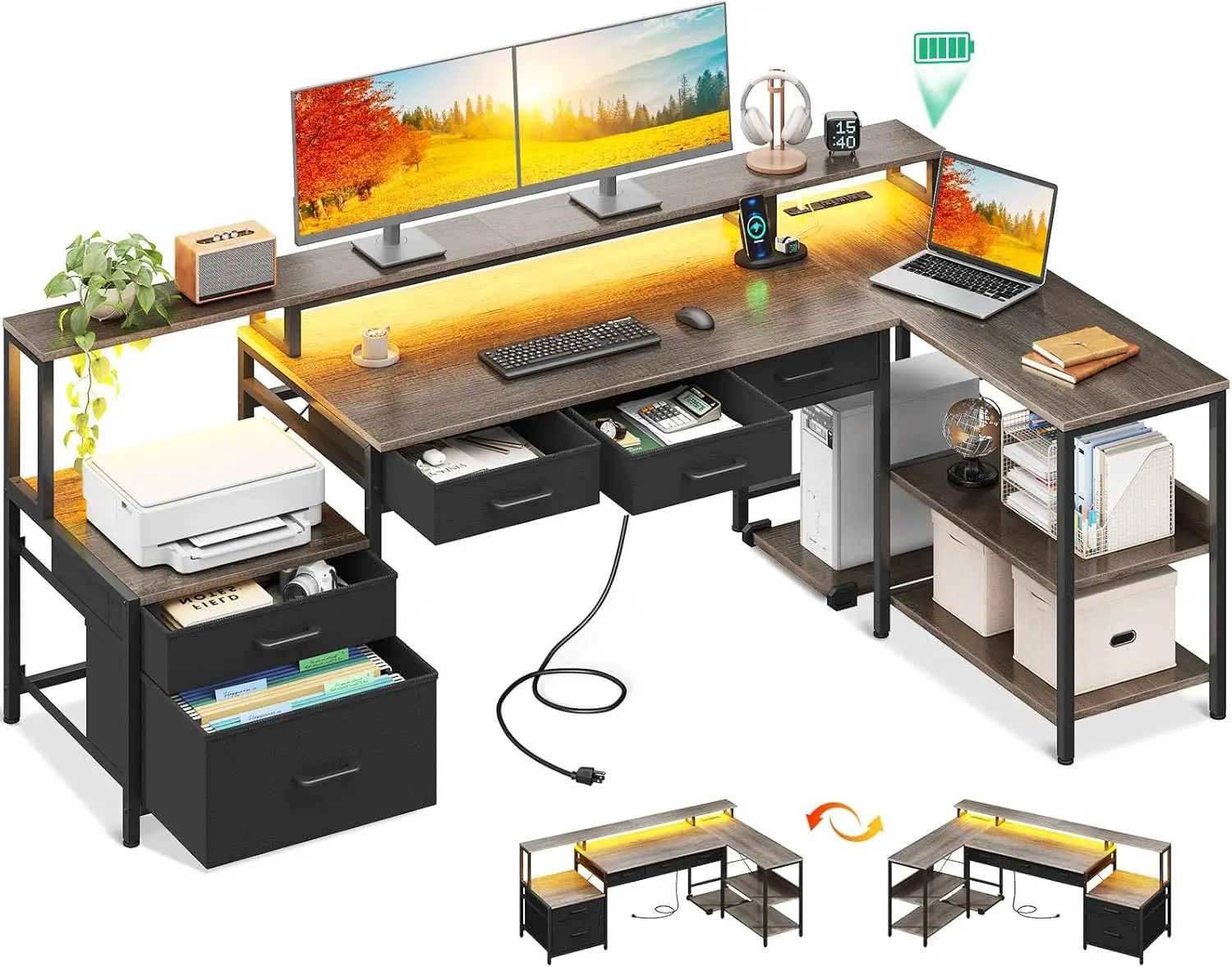 

L Shaped Desk With 5 File Drawers, 66"" Reversible L Shaped Computer Desk With Power Outlet & Led Strip, Office Desk With
