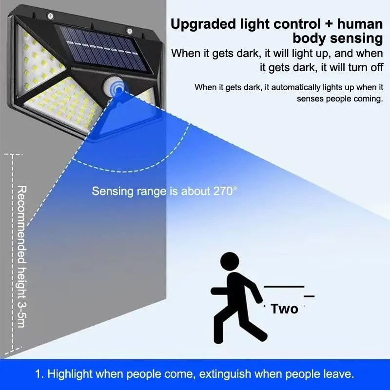 100 LED أضواء الجدار الشمسية PIR محس حركة الجدار الخفيفة في الهواء الطلق مقاوم للماء IP65 تعمل بالطاقة الشمسية لمسار ساحة عمود السياج