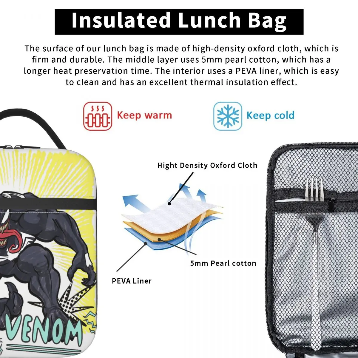 فينوم جرافيك بوب ماركر لون الغداء حقيبة الترفيه علب الاغذية نزهة المحمولة الحرارية حمل حقائب اليد حقيبة للحفاظ على البرودة المخصصة