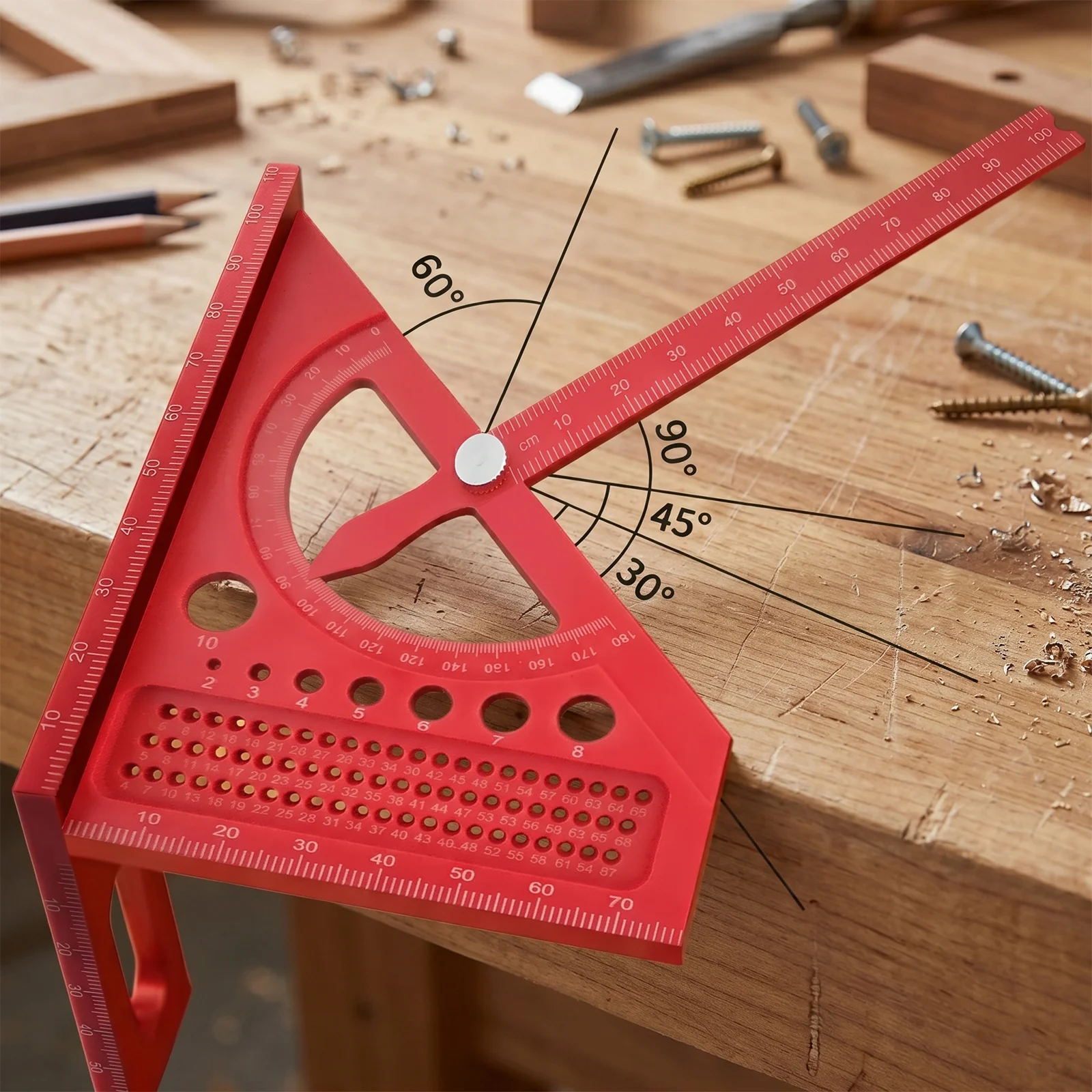 

3D Multi-Angle Measuring Ruler, Woodworking Semi Circular Pointer Angle Square with Locking Nut, Adjustable Carpenter Square