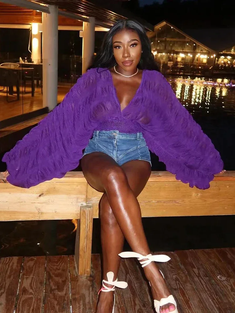 Blusas de verão camisas femininas com decote em v manga bufante blusas finas ver através sexy beachwear tops blusa branca elegante