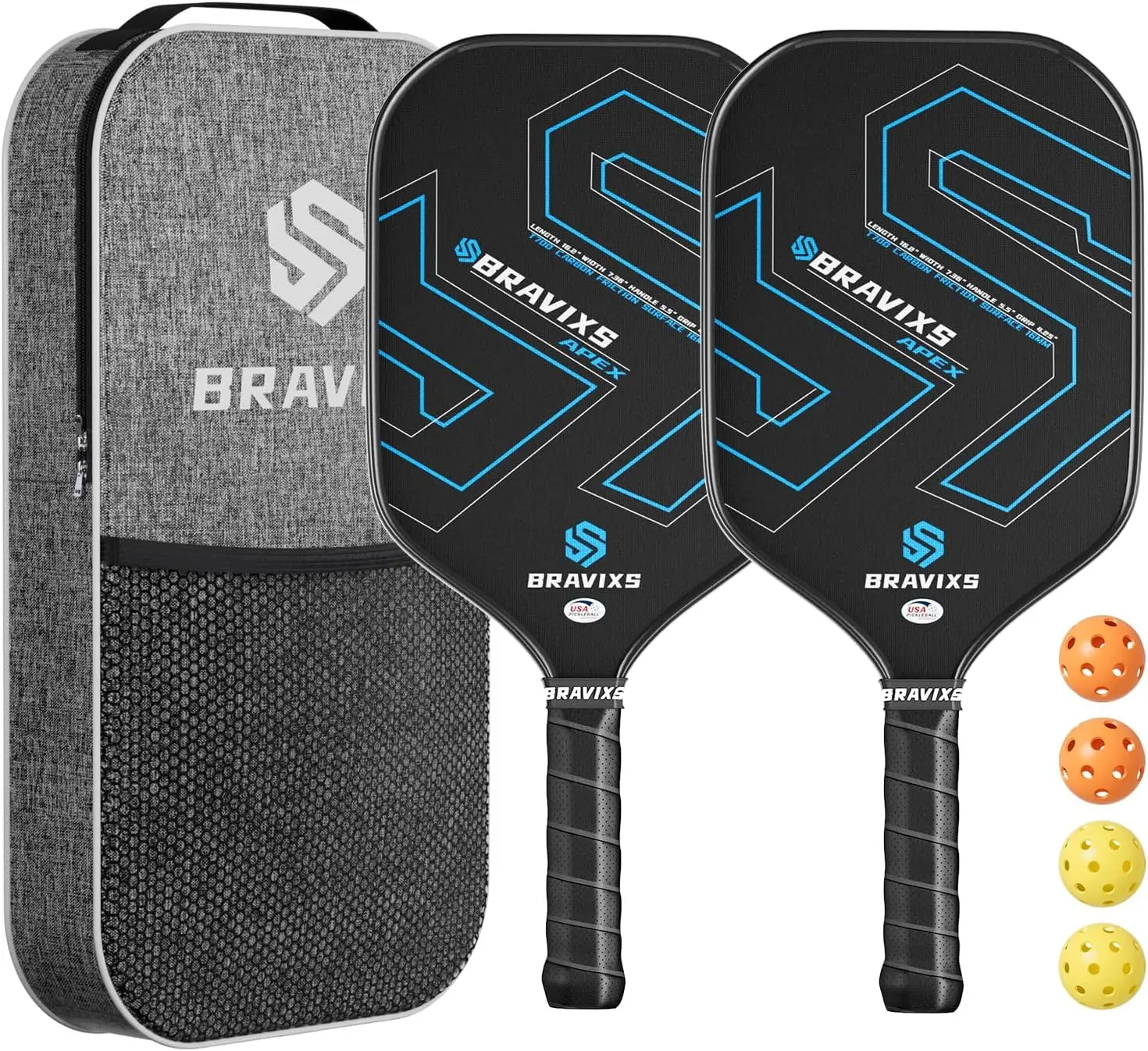 

USAPA Approved Pickleball Paddles Set of 2 with Carbon Fiber, Friction Surface, Balls & Bag for Men and Women
