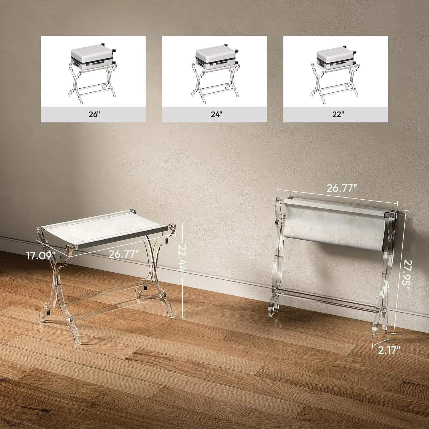 Portaequipajes de acrílico, soporte para maletas plegable elegante con estante de tela PET para habitación de invitados, dormitorio, hotel, capacidad para hasta 50-100 lb,