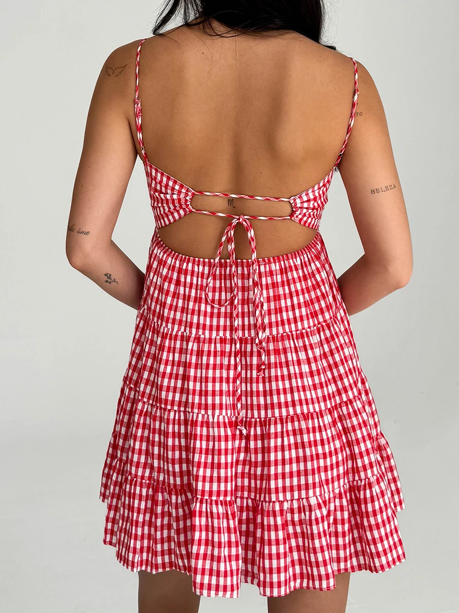 Women Red Plaid Dress Spaghetti Strap Cami Dress Plaid Sweetheart Neck Tiered Hem Back Lacing Short Dresses Vintage Streetwear