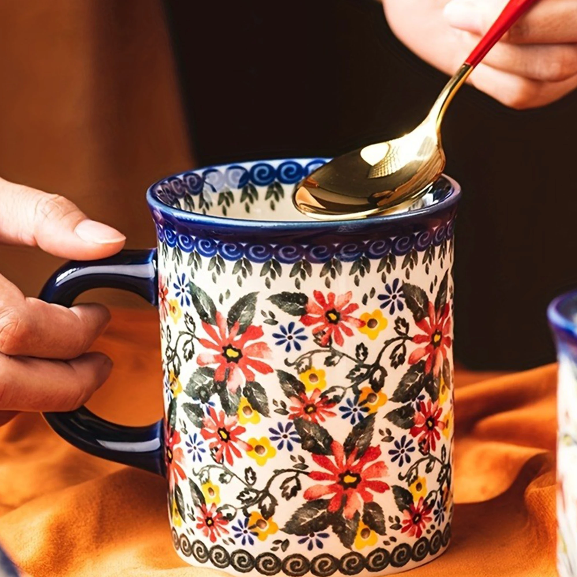 1 Stück Kaffeetasse mit Blumenmalerei und Griff, Keramik-Teetasse, kreative handbemalte Keramiktasse, klassische Trinkbecher mit Griff