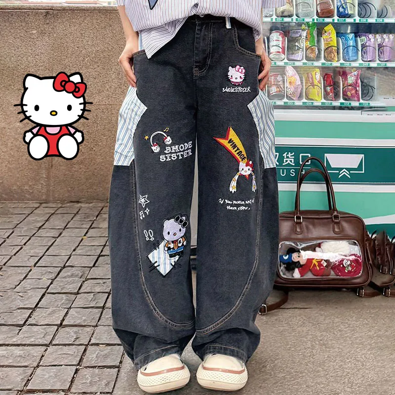 

Sanrios Cartoon Hello Kittys Embroidery Jeans Y2K Women's Version Streetwear Jeans Fashion Printing Retro Wide Leg Pants Girls