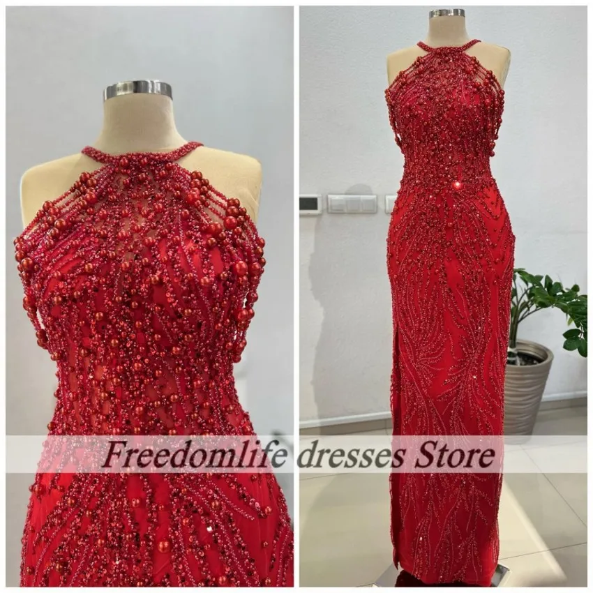 

Modest Evening Dresses Halter Sequin Beading African Women Prom Gowns Tassel Mermaid Wedding Guest Dress Gala Customsized
