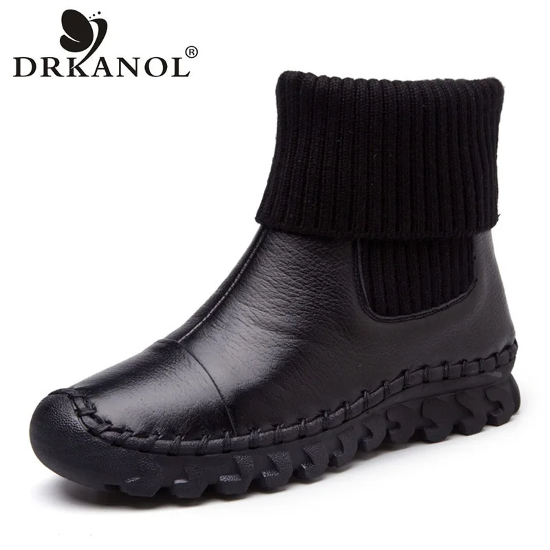 

DRKANOL Fashion Winter Socks Boots Women Handmade Retro Genuine Cow Leather Flat Comfort Soft Slip-On Warm Mid Calf Boots H1728R