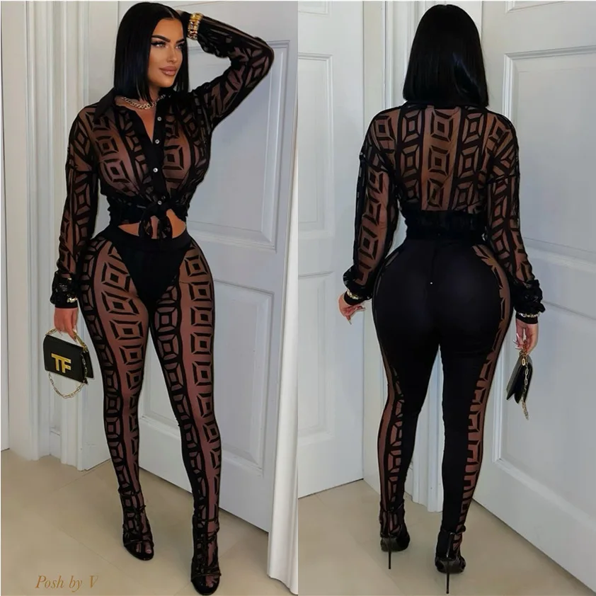 OSEN Women Club Party Seksowny kombinezon z siateczki z długim rękawem i wycięciem Body All In One Jumpsuit Clothing