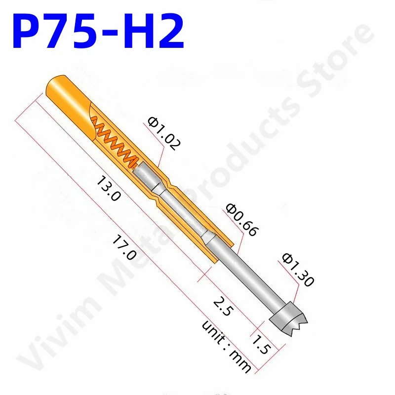 100PCS Spring Test Probe P75-H2 Test Pin Copper Nickel Plated Electroni Spring Test Pin Head Dia 1.30mm P75-H Pogo Pin 1.02mm