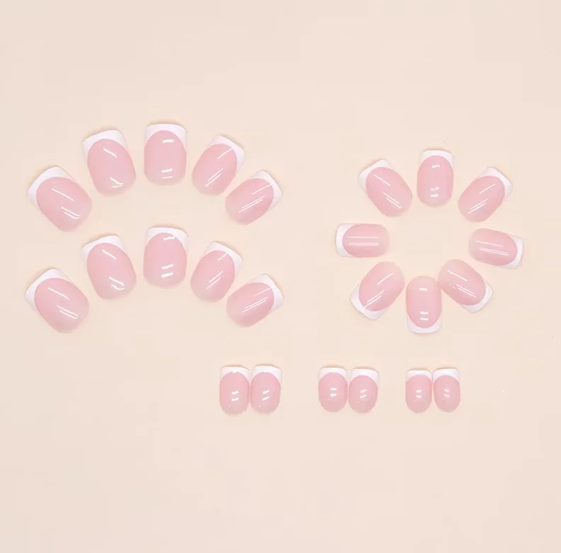24Pcs Pink Sweet Short Nail Art Film Pure White French Fashion Versatile Classic Wearing Nail
