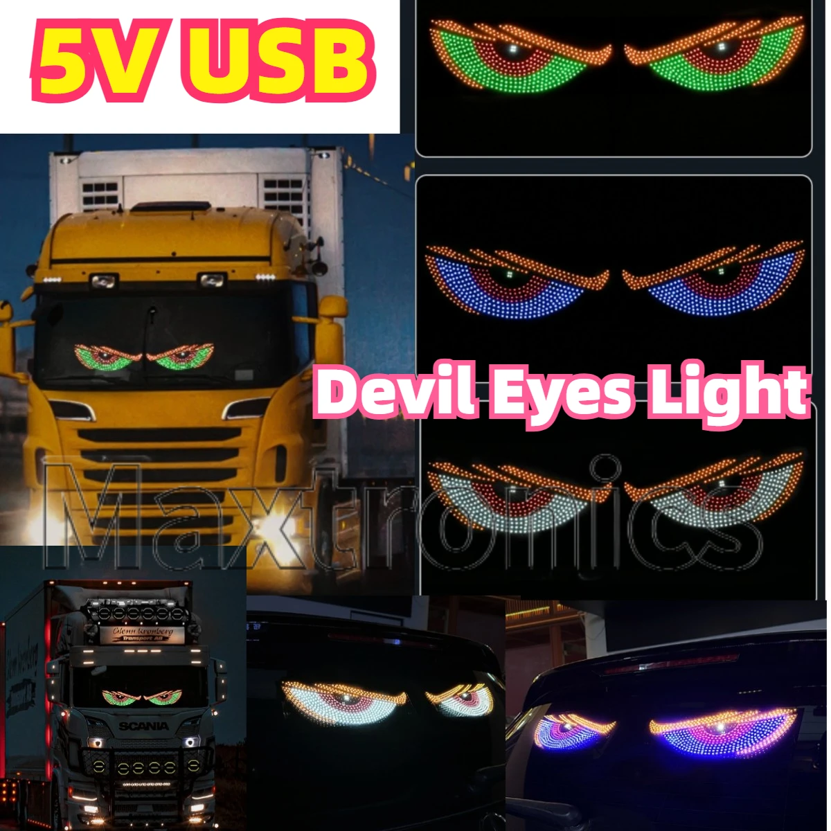 2pcs 5v Dynamic Devil Eyes Light For Cars LED Matrix Pixel Panel RGB Screen LED Display Animated Car Truck Eye Decorative Light