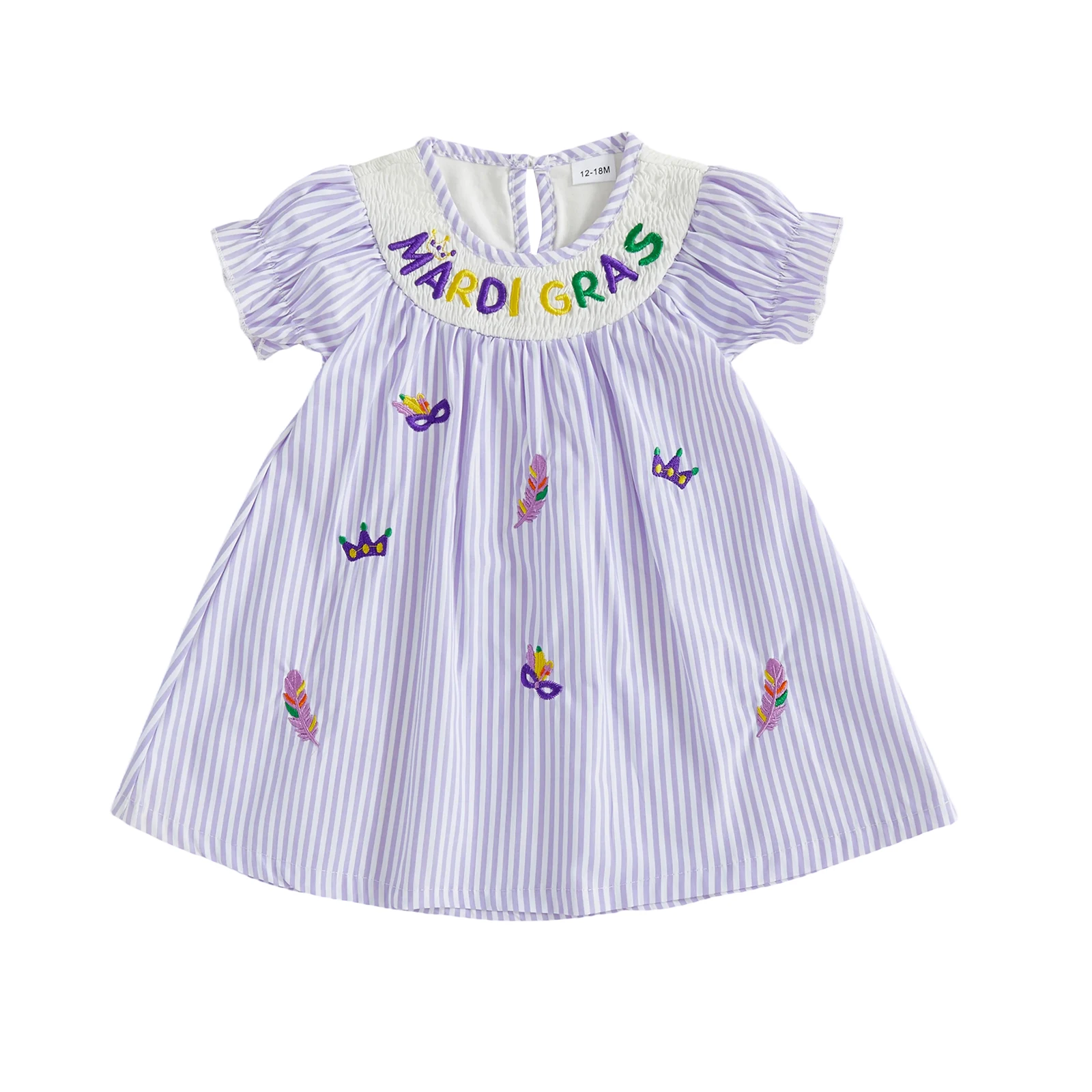 

Toddler Baby Girl Mardi Gras Dress Loose Fit Letter Embroidered Striped Smocked Crew Neck Short Sleeve A Line Dress