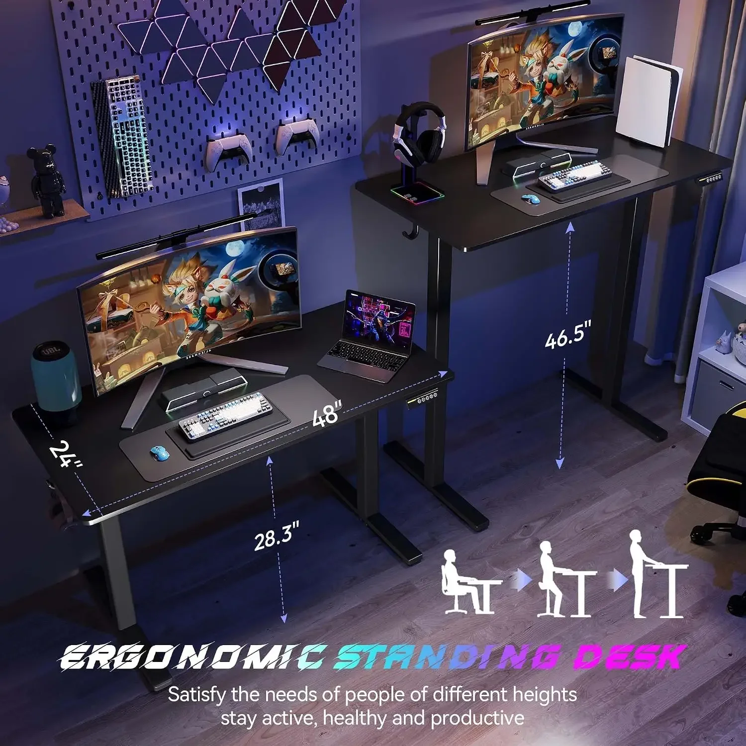48 x 24 Inch Electric Standing Desk, 3 Memory Presets, Black | 48 x 24 in Desktop, 28.3-46.5 in Height, 2 Up/Down Buttons + 3