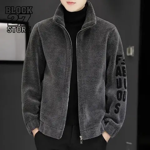 Harajuku Men's Shearling Jacket Winter Fleece Coat Stand Collar Thick Lamb Wool Outerwear Casual Warm Plush Zip Up Streetwear