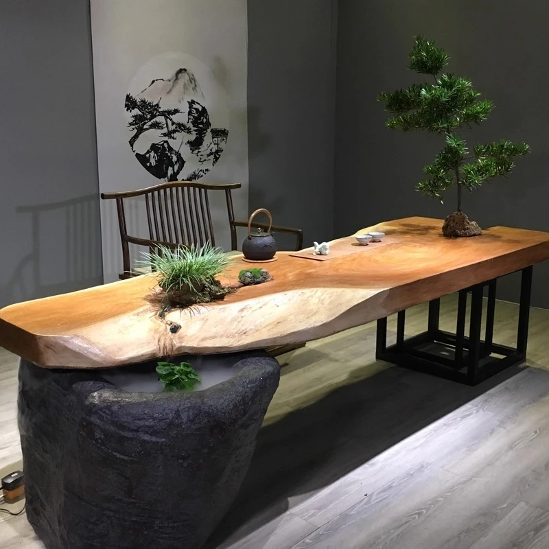 

Tea table solid wood large board flowing water tea table landscape integrated cycle fish farming new Chinese zen kung fu tea