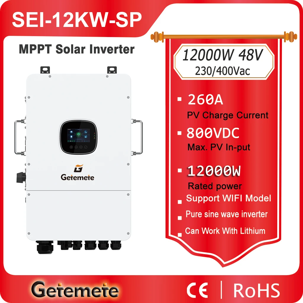 GTMT 12KW 48V 230/400Vac Split-phase/single-phase Hybrid Solar Inverter Max PV 800V Dual MPPT 22A Charge Current IP65 protection