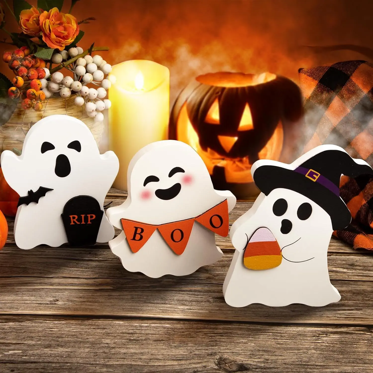 Cute Ghost Halloween Decorations Indoor, Wooden Tiered Tray Decor Table Sign Set of 3, Black Cat Bat Witch Broom Signs Pumpkin B