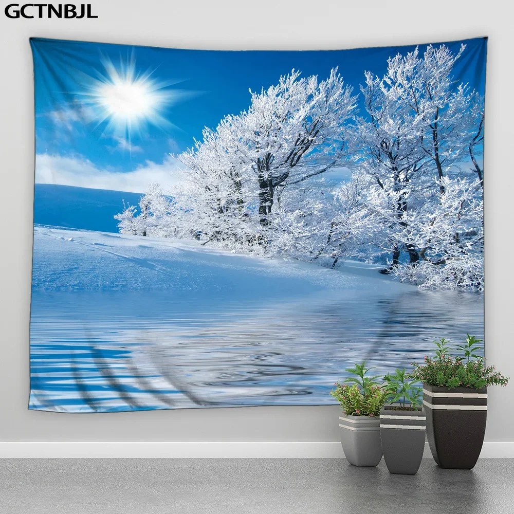 Dreamy Winter Landscape Tapestry Snow Pine Trees Forest Sunset Glow Photography Background Christmas Bedroom Room Decor Blanket