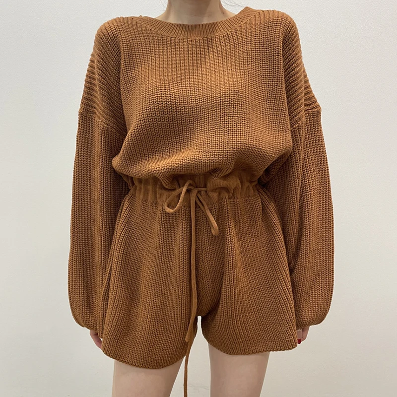 Chic Retro round Ne Bal Gathered Waist Long Sve Knitted  Women's Suit High Waist Wide Leg Pants