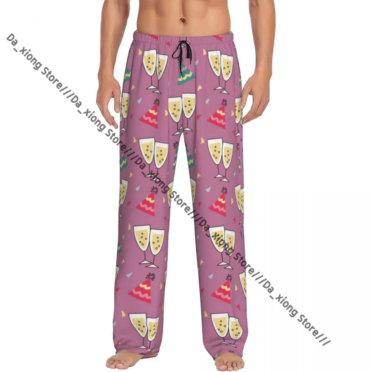 

Mens Casual Pajama Long Pant Loose Elastic Waistband Champagne Glasses Party Hats And Confetti Cozy Sleepwear Home Lounge Pants