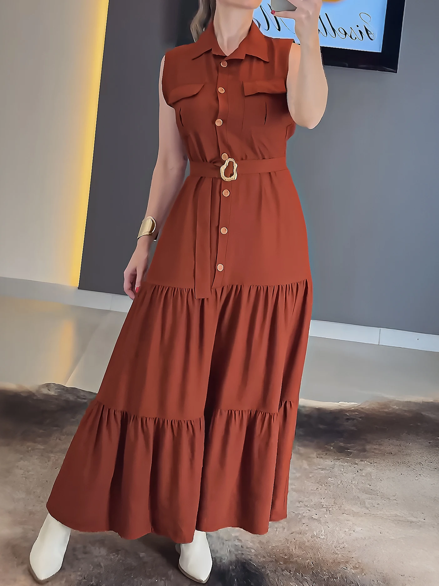 ชุดเดรสเอวแขนกุดปกลําลองสีทึบติดกระดุมผู้หญิงสําหรับฤดูใบไม้ผลิ/ฤดูร้อน