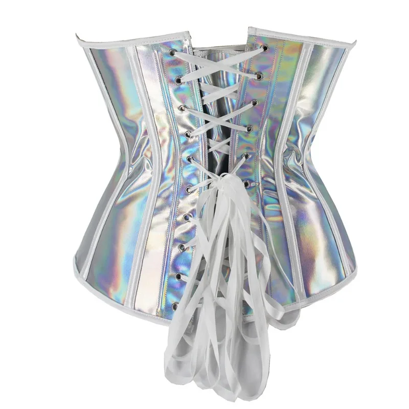 Corsetto in pelle PU argento Steampunk Top gotico con lacci Overbust Bustier Vita sottile Body Shapewear Donna Corsetto sexy Clubwear