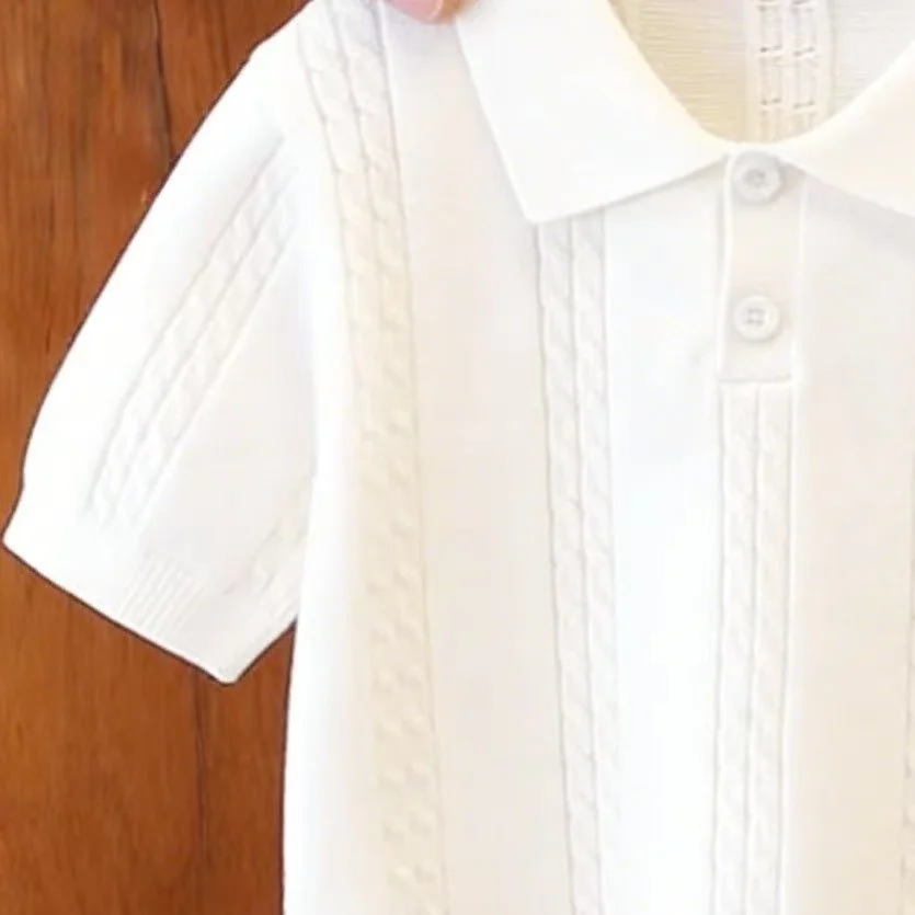 Boys and Girls Short Sleeved Knitted T-shirt Summer 2026 New Style Children's White Collar Top