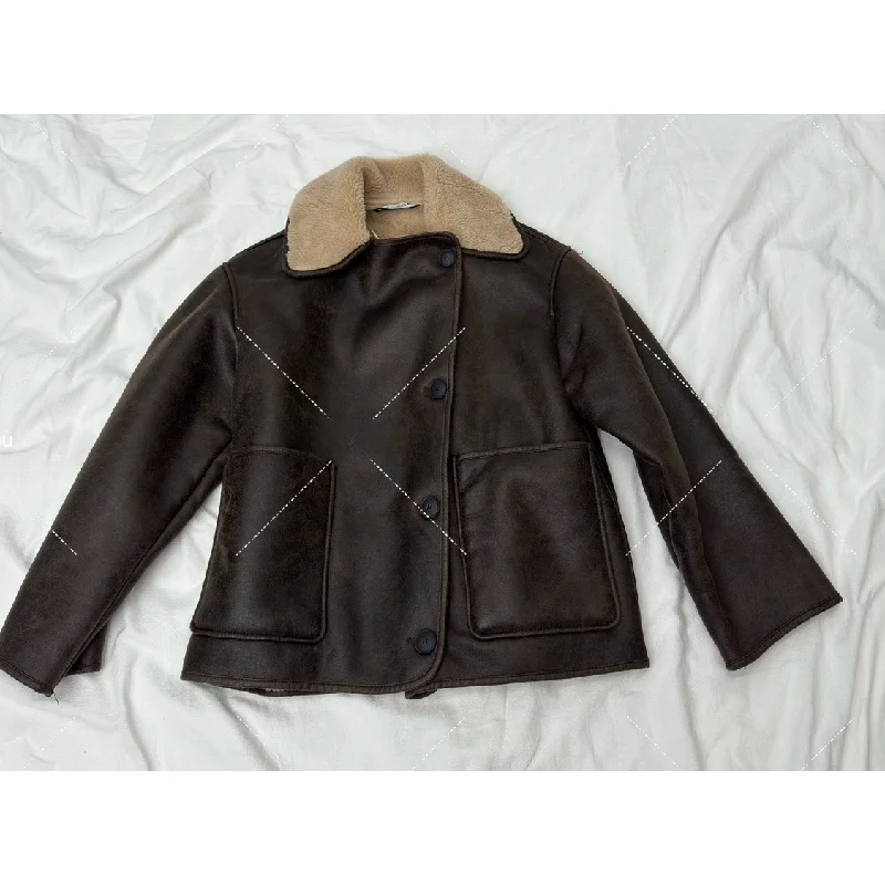 Dwustronny płaszcz z jagnięcej wełny Fce, damski, jesienno-zimowy, ciepły, ocieplany, skórzano-futerowy, zintegrowany, odzież wierzchnia.