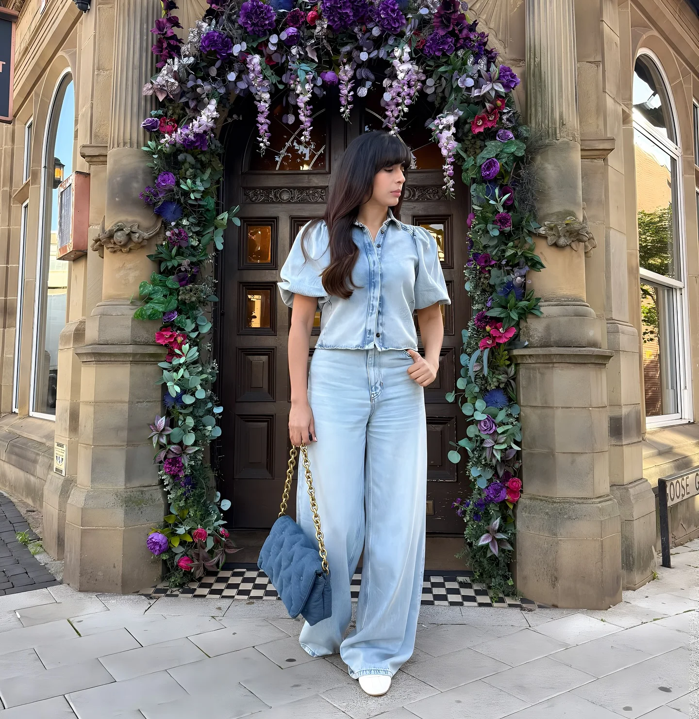 HH Frauen Mode Dünne Revers einreiher Lose Falten Denim Hemd + Hohe Taille Zipper Seite Tasche Breite bein Casual Hosen Anzug