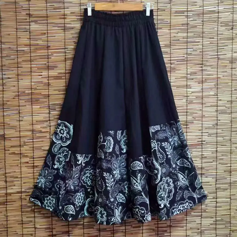 Gestikte etnische stijl dames nieuwe gesplitste katoen en linnen grote zoom retro halflange rok