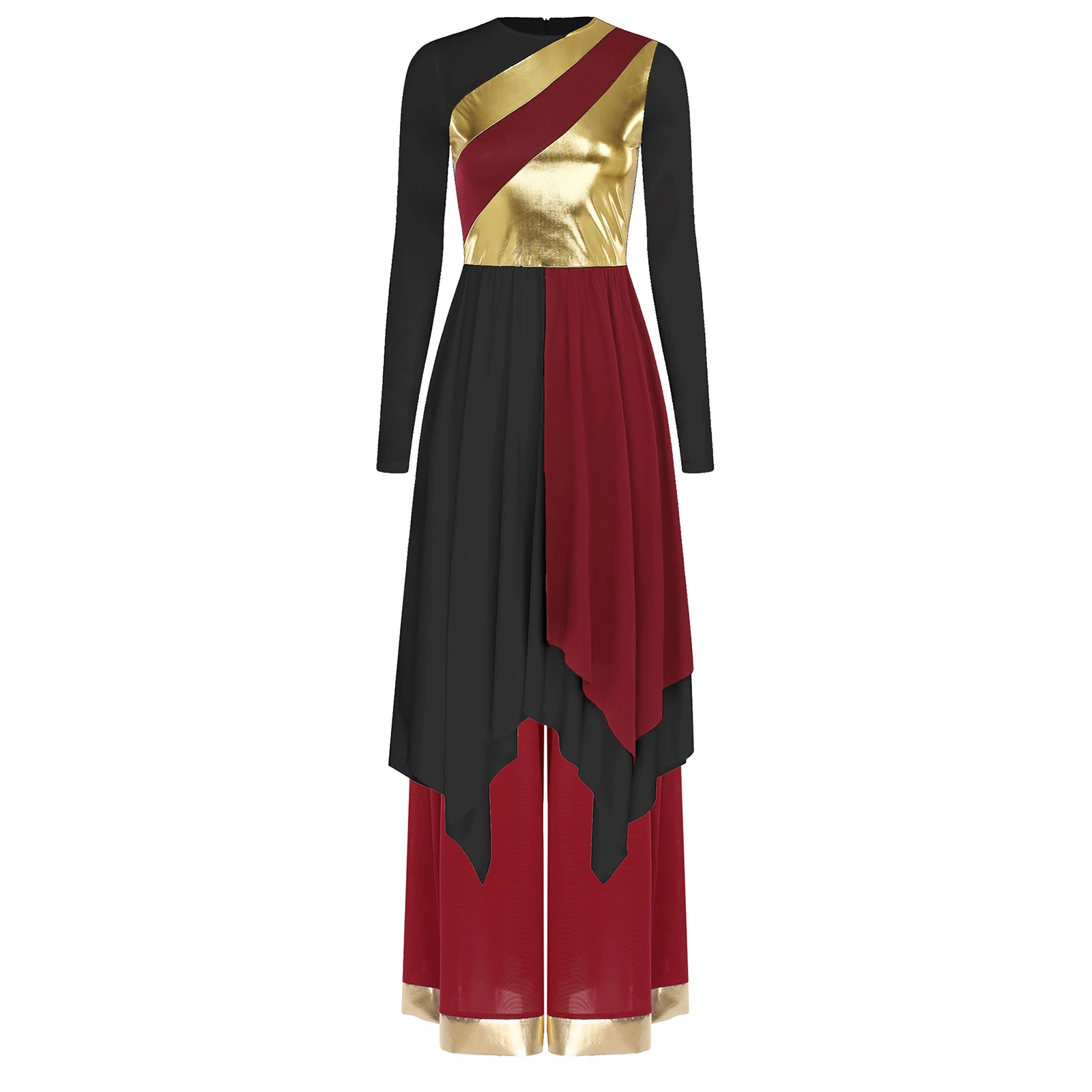 Abito da ballo moderno a maniche lunghe da donna, culto dell'elogio radiante, con pantaloni lunghi a gamba larga, costume da ballo contemporaneo da chiesa