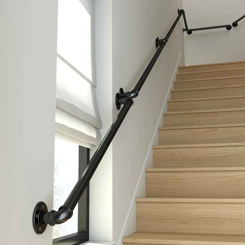 Minimalist style iron wrought stair handrail water pipe for home use, indoor attic against wall, elderly anti-slip handle, kinde