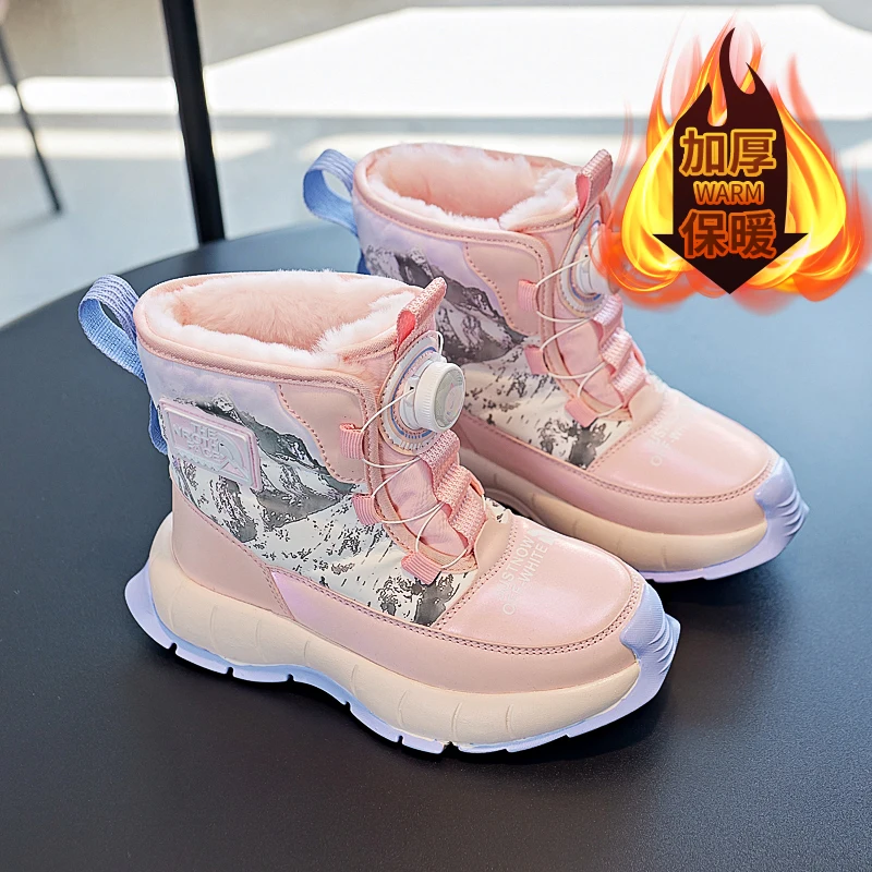 

2024 Winter Children's Plush Snow Boots New Boys' School Casual Shoes Girls' Warm Cotton Boots Thick Sole Anti-slip Kids Shoes