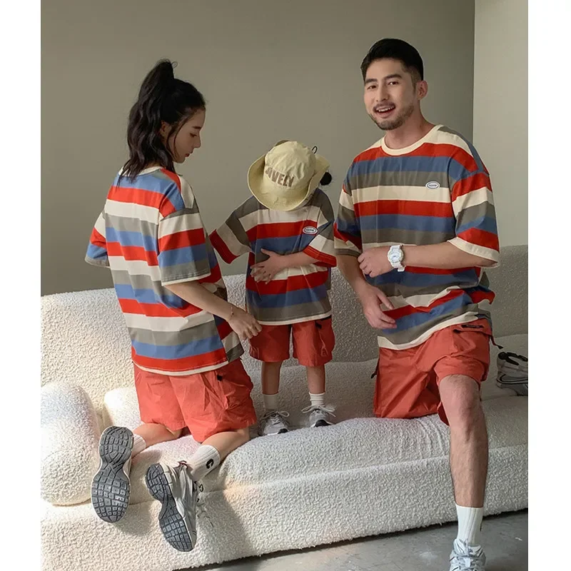 Dad Mom and Son Daughter Matching Parent-child Striped T Shirts Shorts Outfit Two Piece Sets Korean Children Clothing Summer